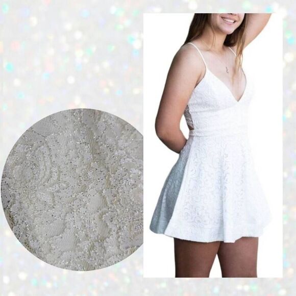 Sparkly White Lacey Textured Spaghetti Strap Mini Short Dress - Picture 1 of 14